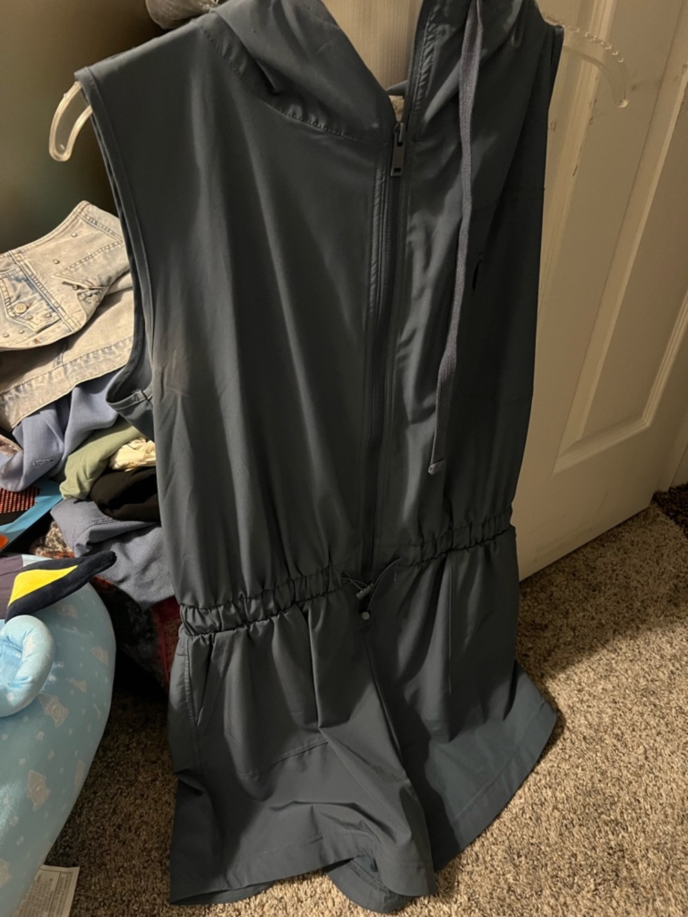 Sleeveless Hooded Zip Romper in Deep Slate